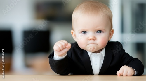 Baby in a suit is making a fist and looking at the camera. Concept of determination and focus, as if the baby is ready to take on the world