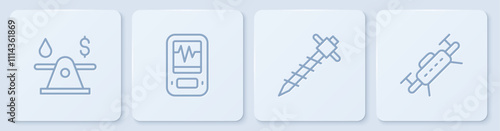 Set line Oil money, Construction jackhammer, Seismograph and Drone. White square button. Vector