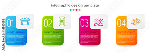 Set line Mine cart with gold, Gold bars 24k, and nugget. Business infographic template. Vector
