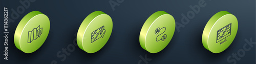 Set Isometric line Folded map with location marker, Gps device, Route and Monitor icon. Vector