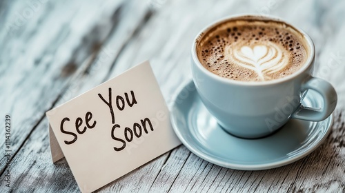 Cozy coffee cup with a heart latte art next to a friendly 'See You Soon' card on a rustic table.