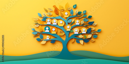 A colorful abstract tree with user icons as leaves, symbolizing relationships, growth, and connections on a yellow background. photo