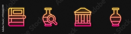 Set line Museum building, Book, Ancient amphorae and . Glowing neon icon. Vector