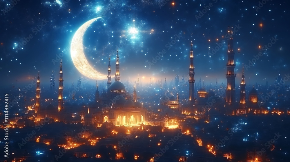 Crescent Moon Over Illuminated Mosque Cityscape Crescent Moon Over Illuminated Mosque Cityscape