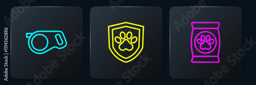 Set line Retractable cord leash, Bag of food for pet and Animal health insurance. Black square button. Vector