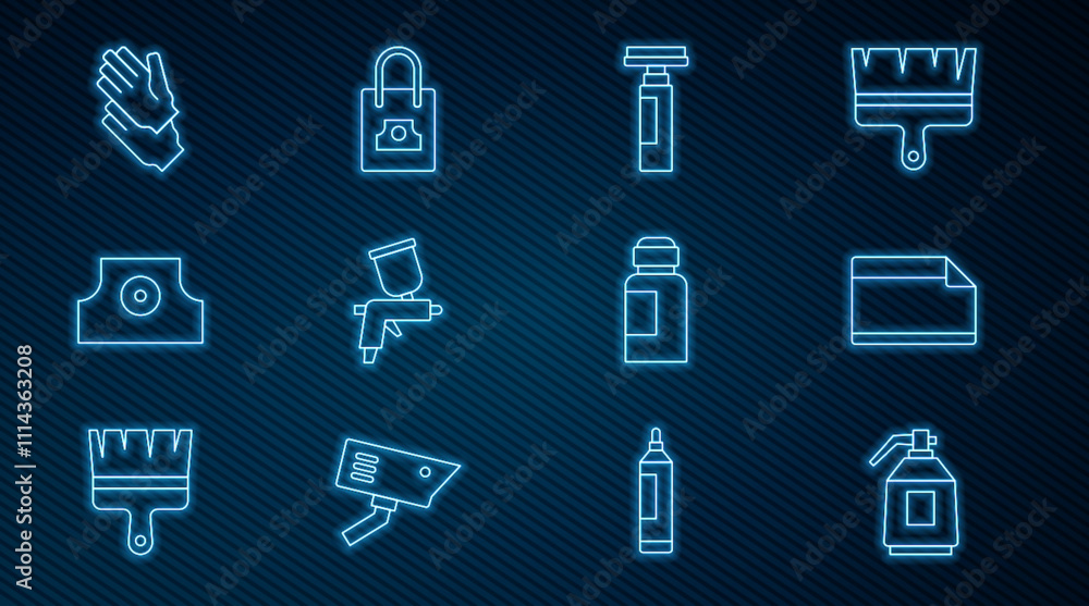 Set line Paint spray gun, Paper adhesive sticker, Marker pen, Spray can nozzle cap, Rubber gloves, Paint, gouache, jar, dye and icon. Vector Set line Paint spray gun, Paper adhesive sticker, Marker pen, Spray can nozzle cap, Rubber gloves, Paint, gouache, jar, dye and icon. Vector