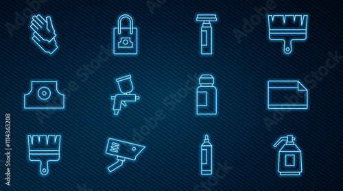 Set line Paint spray gun, Paper adhesive sticker, Marker pen, Spray can nozzle cap, Rubber gloves, Paint, gouache, jar, dye and icon. Vector