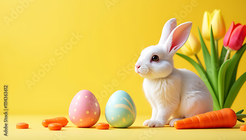 A whimsical Easter scene features delicately tinted eggs, a winsome bunny, and tulips on a vibrant yellow background surrounded by carrot nibbles._00001_ photo