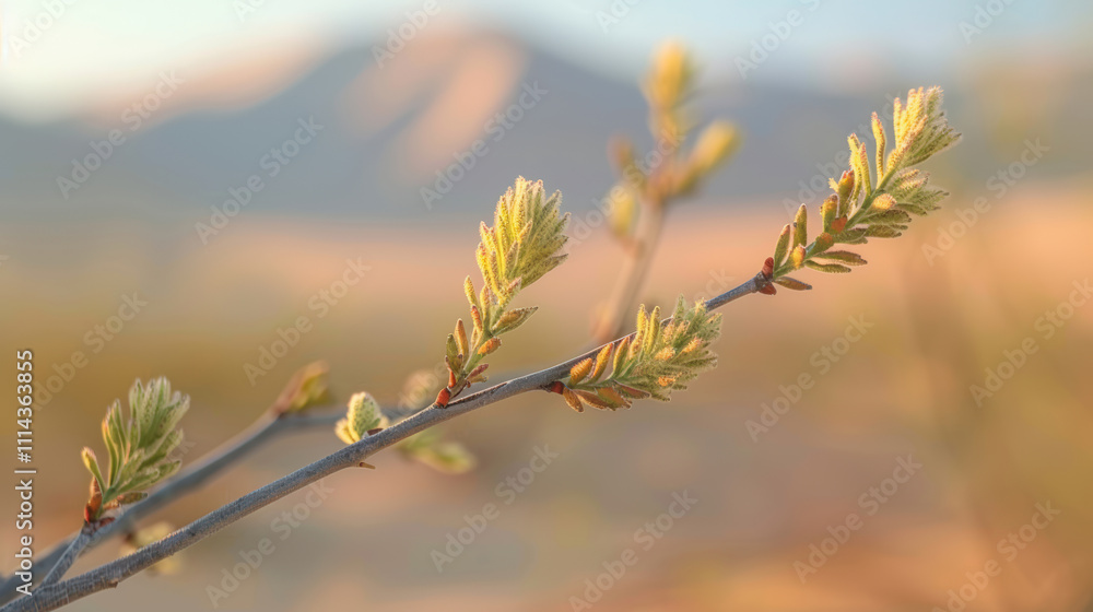 Fresh Green Sprout on Branch Against Soft Blurred Desert Background with Subtle Mountain Silhouettes in Warm Natural Light Fresh Green Sprout on Branch Against Soft Blurred Desert Background with Subtle Mountain Silhouettes in Warm Natural Light