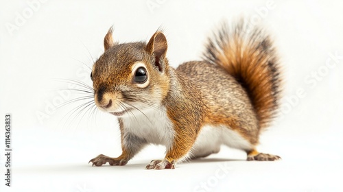 Adorable squirrel with bushy tail poised on a white background, showcasing its vibrant fur. photo