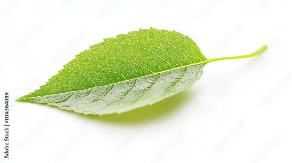 Fototapeta premium A detailed macro shot of a vibrant green leaf against a stark white background.