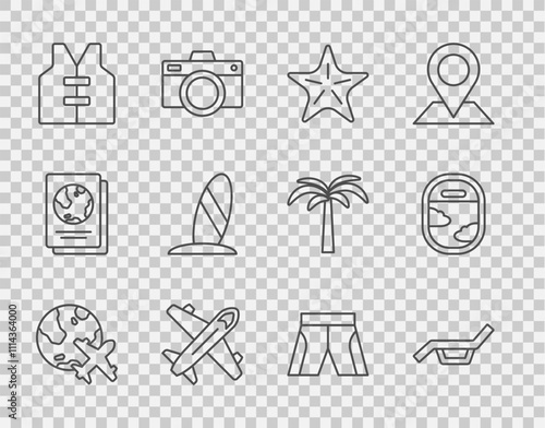 Set line Globe with flying plane, Sunbed and umbrella, Starfish, Plane, Life jacket, Surfboard, Short or pants and Airplane window icon. Vector