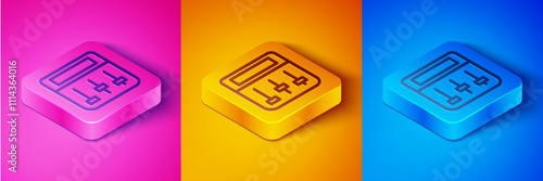 Isometric line Drum machine music producer equipment icon isolated on pink and orange, blue background. Square button. Vector