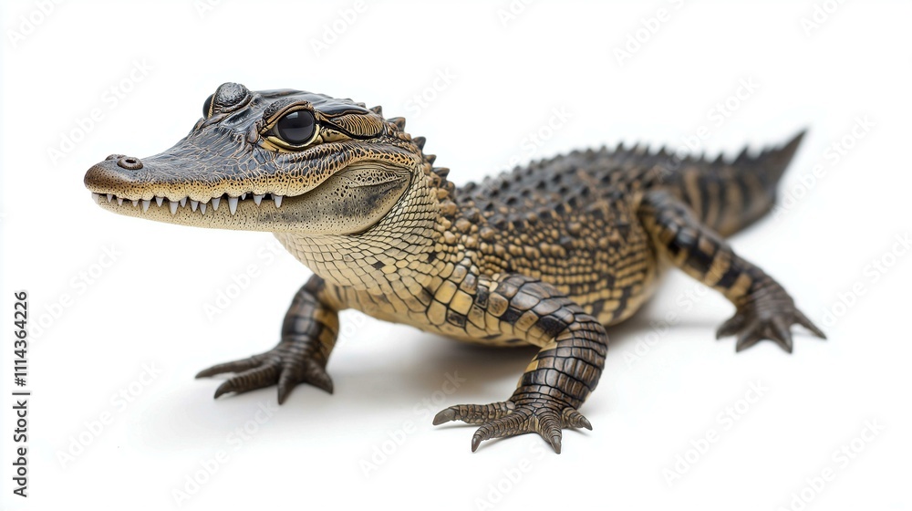 Close-up of a baby alligator with textured scales and a curious gaze on a clean white background. Close-up of a baby alligator with textured scales and a curious gaze on a clean white background.