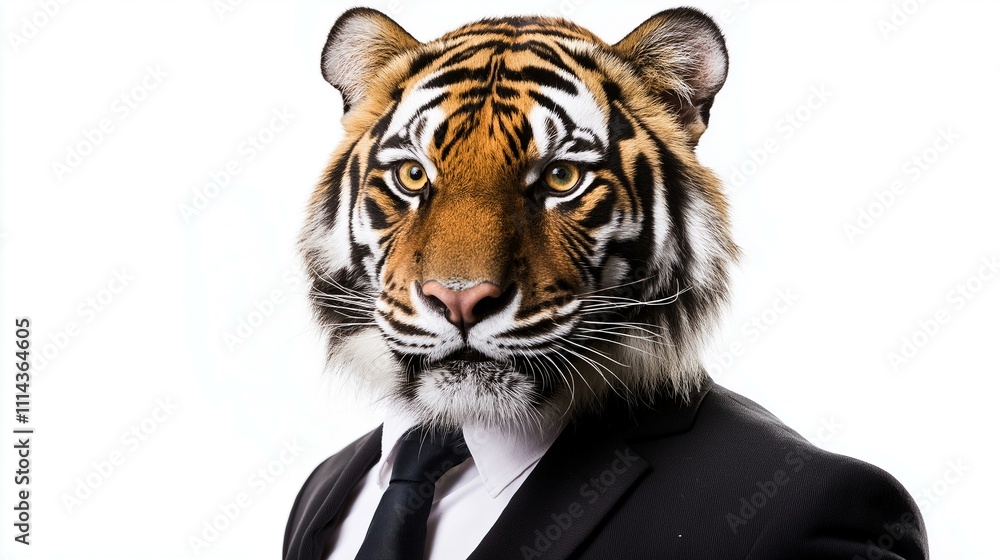 Fototapeta premium Surreal portrait of a tiger in a suit merging wildlife with human elegance.