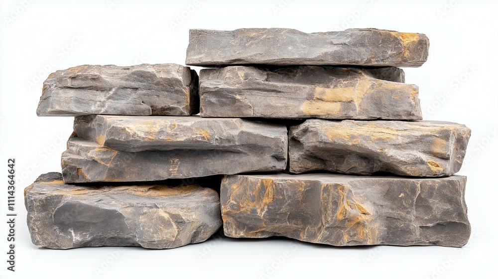 Stacked natural stone slabs showcasing rustic textures and earthy tones against a white background. Stacked natural stone slabs showcasing rustic textures and earthy tones against a white background.