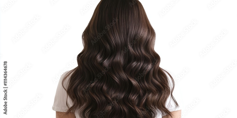 Obraz premium A lovely brunette woman showcases a breathtaking hairstyle. Her long, thick, and lustrous dark brown hair stands out against a white backdrop.