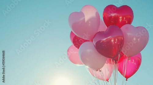Heart-Shaped Balloons Floating Against Clear Blue Sky – Joyful Celebration of Love and Freedom