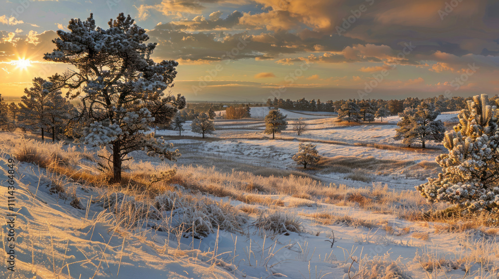 Snow-covered winter landscape with pine trees and frost-covered fields under a golden sunset Snow-covered winter landscape with pine trees and frost-covered fields under a golden sunset