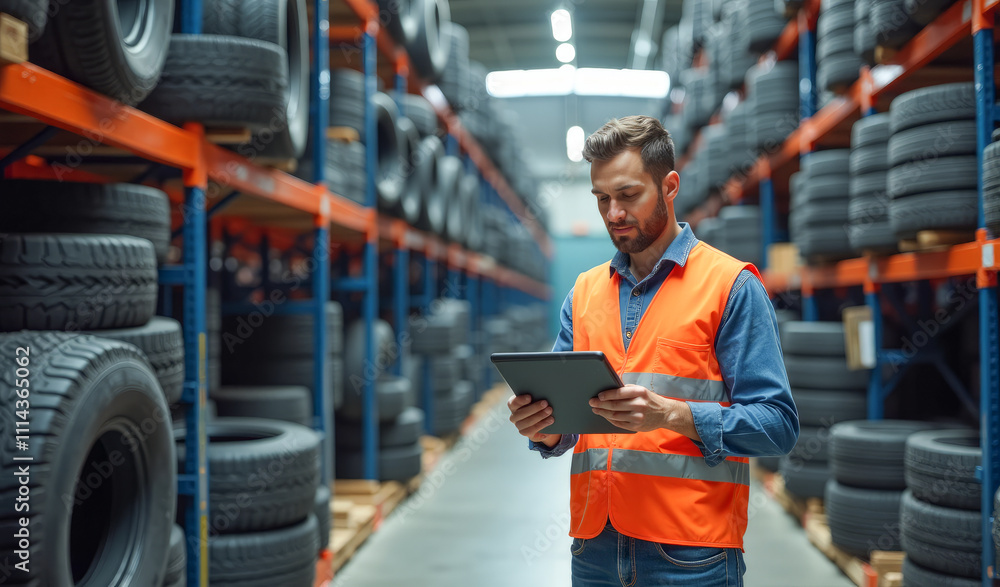 a worker at a tire warehouse with a tablet in his hands a worker at a tire warehouse with a tablet in his hands