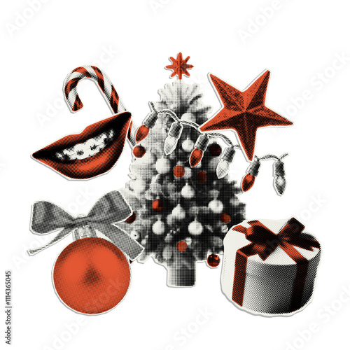 New Year and Christmas decorative elements with halftone effect. Trendy paper cutout for holiday collage, banner.