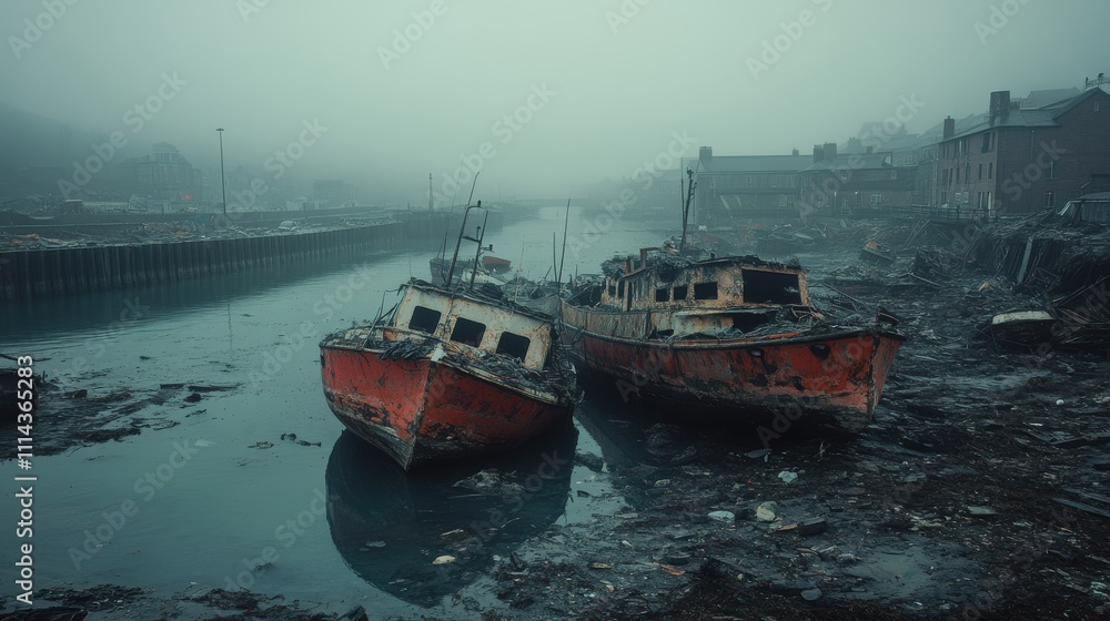 Obraz premium Overturned Boats in Foggy Coastal Harbor Scene