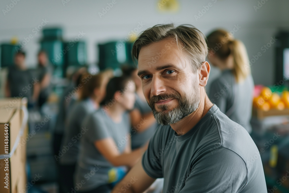 Obraz premium Portrait of a France volunteer helping in an NGO, in the background a help center with a food bank with more volunteers working.
