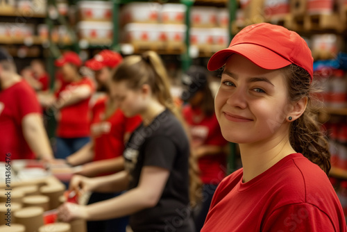 Portrait of a Canada volunteer helping in an NGO, in the background a help center with a food bank with more volunteers working.