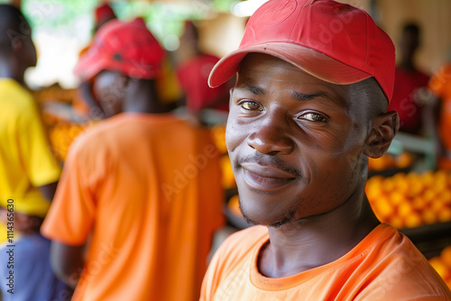 Portrait of a Rwanda volunteer helping in an NGO, in the background a help center with a food bank with more volunteers working. photo