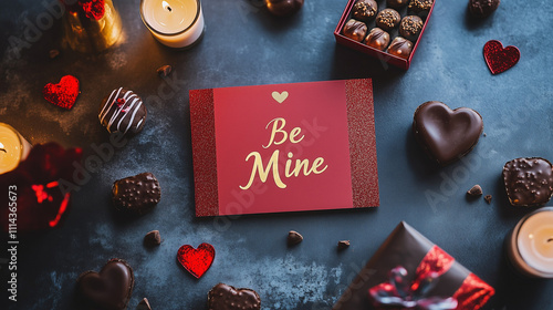 Valentine’s Day Flat Lay with Heart-Shaped Chocolates, Candles, and ‘Be Mine’ Card – Love and Celebration