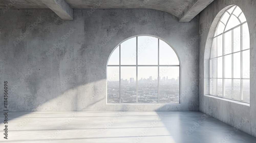 Gray concrete wall room with loft windows and an arch, allowing natural light to illuminate the interior, featuring a city view outside, enhancing the rooms spacious feel. Gray concrete wall room with loft windows and an arch, allowing natural light to illuminate the interior, featuring a city view outside, enhancing the rooms spacious feel.