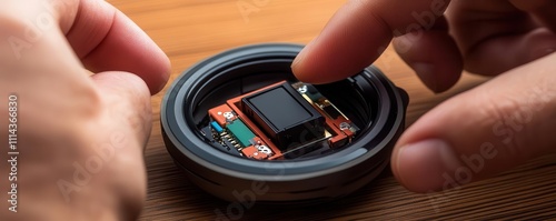 Battery replacement. A high-tech wearable device being opened carefully to replace its compact battery