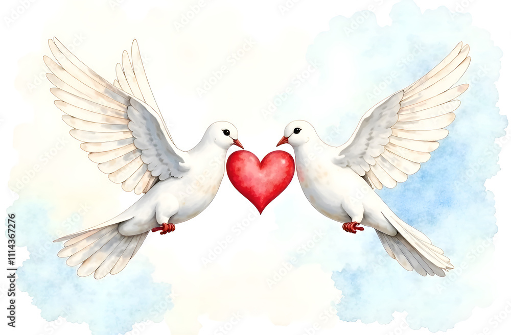 Obraz premium Two watercolor white doves with a red heart set against acwatercolor background for Valentine's Day