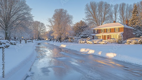 Icicles Hang Over Suburban Street After Snowstorm photo