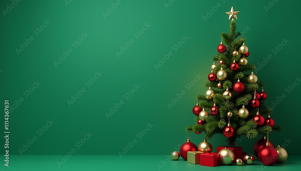 A shiny Christmas tree stands out against a plain green background featuring various ornaments and decorations._00001_ A shiny Christmas tree stands out against a plain green background featuring various ornaments and decorations._00001_