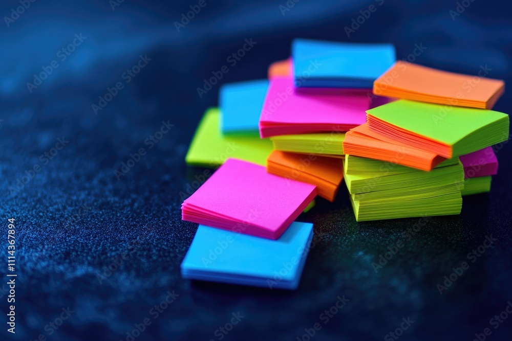 A collection of colorful post-it notes stacked on a table, ideal for note-taking and organization A collection of colorful post-it notes stacked on a table, ideal for note-taking and organization