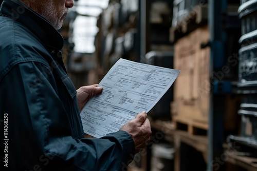 Worker examining a detailed document in a warehouse environment photo