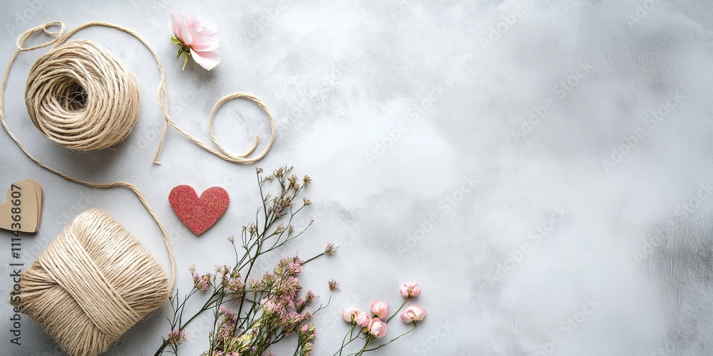 Fototapeta premium Flat lay of Valentine's Day crafting supplies, including twine, heart shapes, and small flowers on a white textured background, minimalistic and natural theme, selective focus, copy space