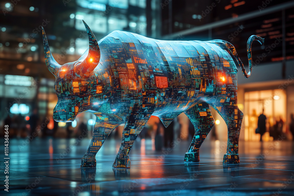 A digital bull statue made out of stock market graphs and numbers ...