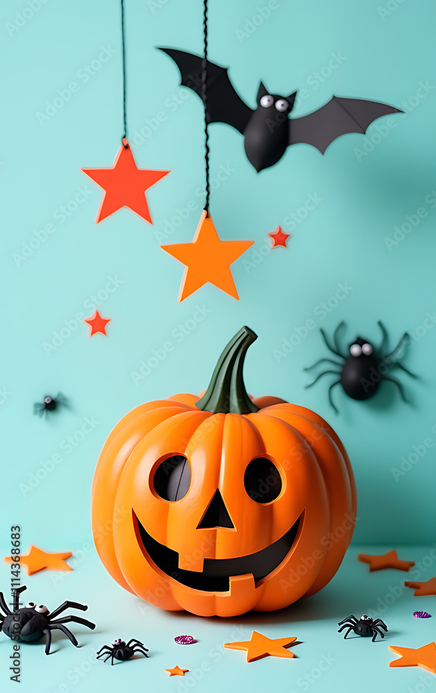 A photo shows a Halloween decoration featuring a pumpkin, stars, spiders, bats, and sequined details against a soft, pale blue backdrop._00001_ A photo shows a Halloween decoration featuring a pumpkin, stars, spiders, bats, and sequined details against a soft, pale blue backdrop._00001_