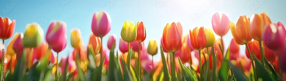 A field of flowers with a bright blue sky in the background A field of flowers with a bright blue sky in the background