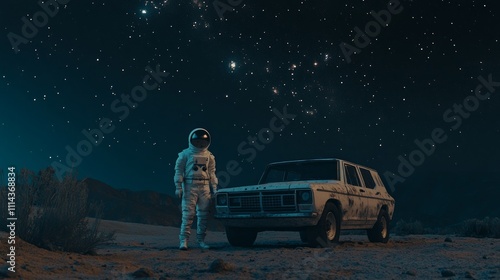 Astronaut in spacesuit stands beside vintage car on desolate alien planet under starry night sky.
