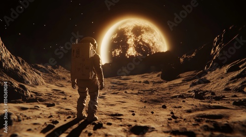 Astronaut on alien planet, facing large sunlit moon.
