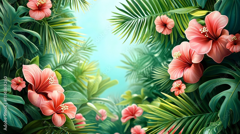 Vibrant tropical flowers and lush greenery create a lively summer atmosphere Vibrant tropical flowers and lush greenery create a lively summer atmosphere