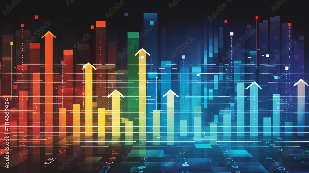 Fototapeta premium Colorful upward trending bar graphs and arrows on dark background.