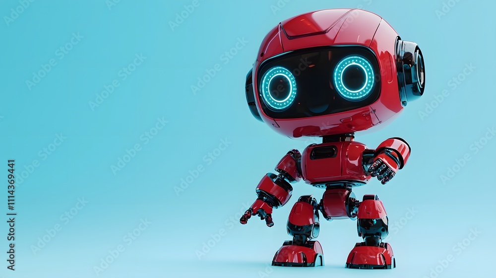 Tiny Red Robot with Winking LED Eyes and Smiling Expression Pointing Downward, Gradient Light Blue Background for Cute Marketing Tiny Red Robot with Winking LED Eyes and Smiling Expression Pointing Downward, Gradient Light Blue Background for Cute Marketing