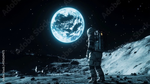 Astronaut on lunar surface gazing at Earth.