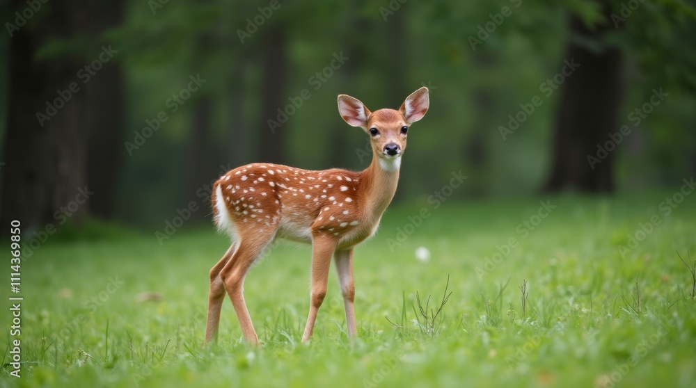 Adorable baby white tailed deer fawn standing in a lush green field near the edge of a forest The young deer has a spotted coat and alert expression Adorable baby white tailed deer fawn standing in a lush green field near the edge of a forest The young deer has a spotted coat and alert expression