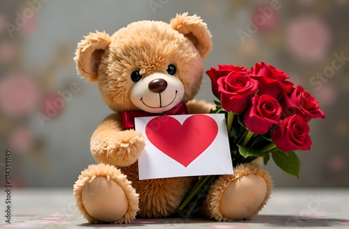 Valentine's Day teddy bear with roses and heart card for expressing love
