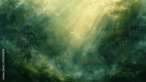 Forest Mist: A watercolor painting capturing a dense, misty forest at dawn. Gentle sunlight pierces through the fog, creating soft, golden beams that illuminate the lush greenery